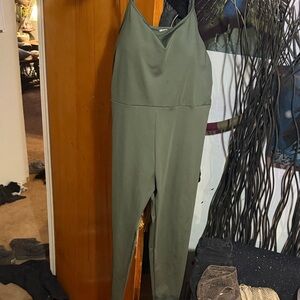 Olive Green Women's Jumpsuit - Sleek V-Neck Spaghetti Strap